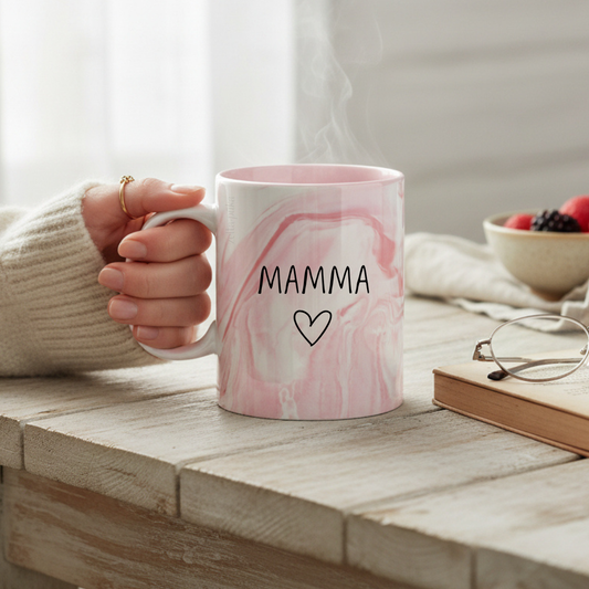Rozā marmors · personalizēta krūze ar tekstu - Zelta Pūka