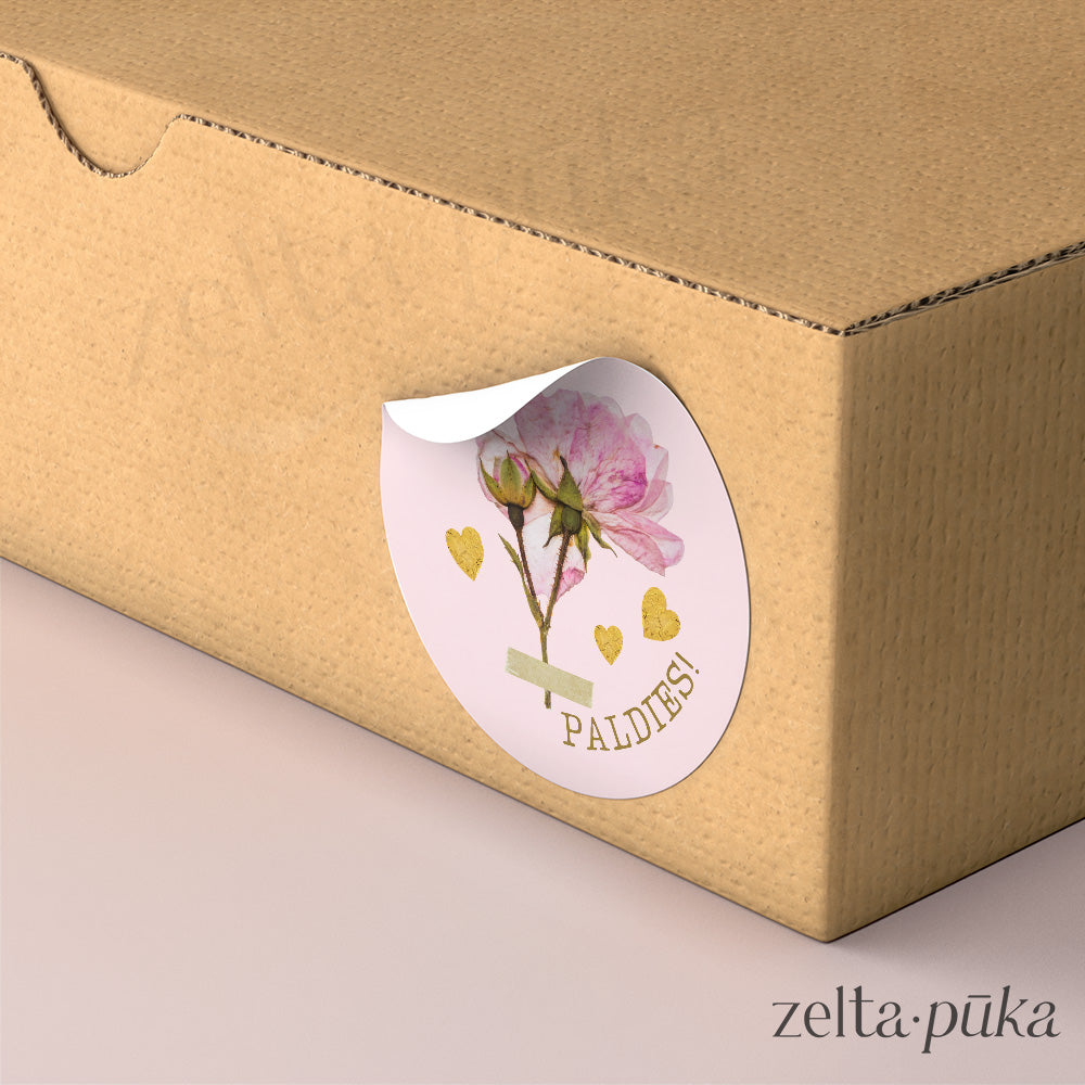 "Paldies" uzlīmes ar kaltēta zieda ilustrāciju - Zelta Pūka