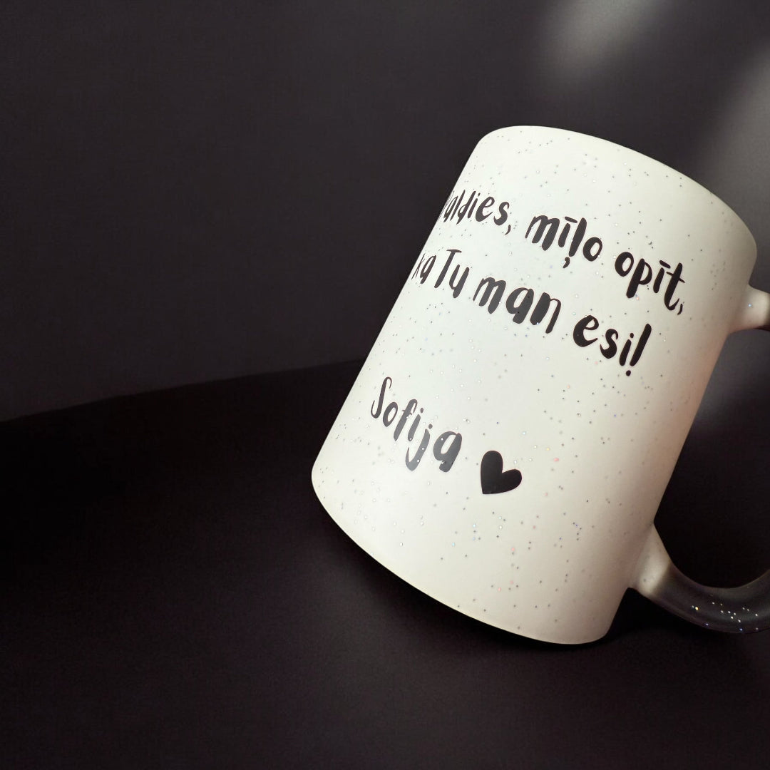 Maģiskā krūze ar spīdumiņiem, personalizētu tekstu vai foto - Zelta Pūka