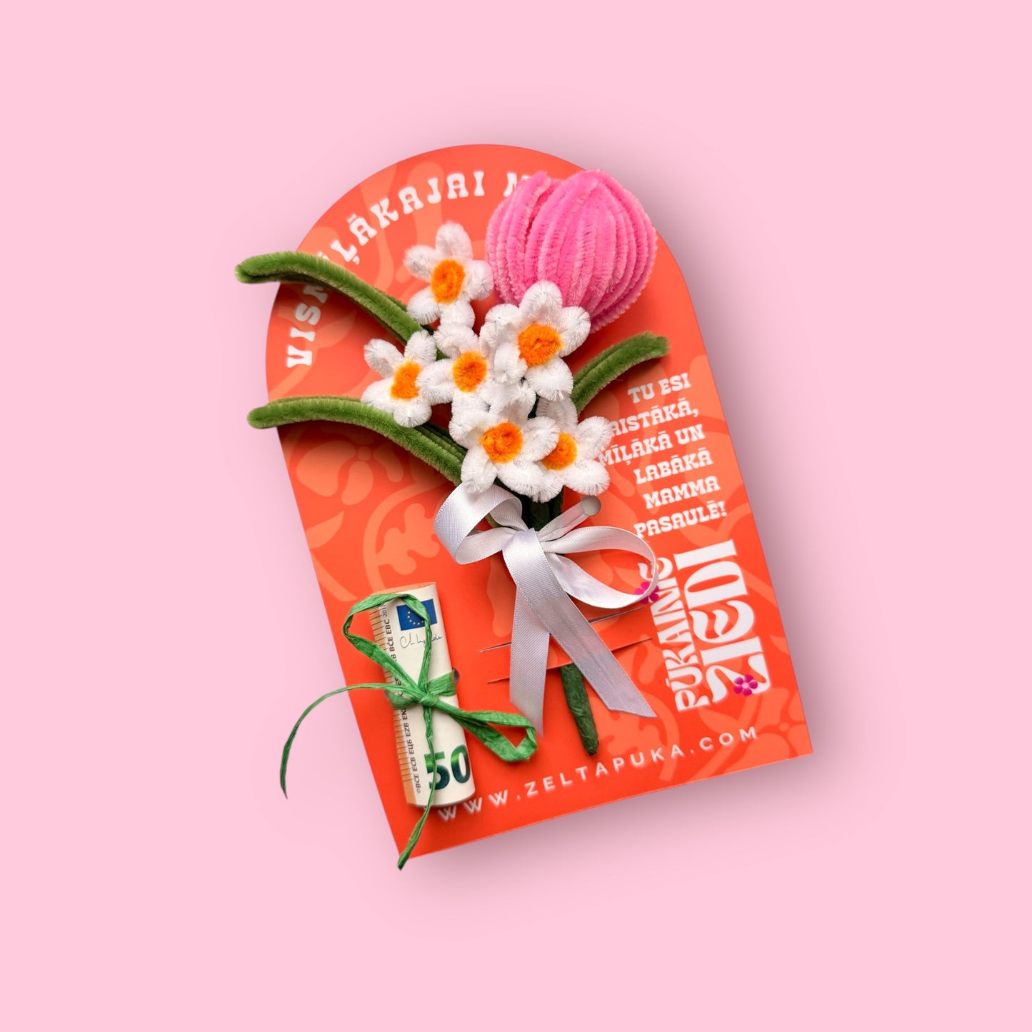 Pūkainie ziedi personalizētā kartītē - tulpe + margrietiņas - Zelta Pūka