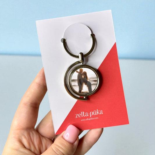 Rotējošs metāla atslēgu piekariņš ar foto
