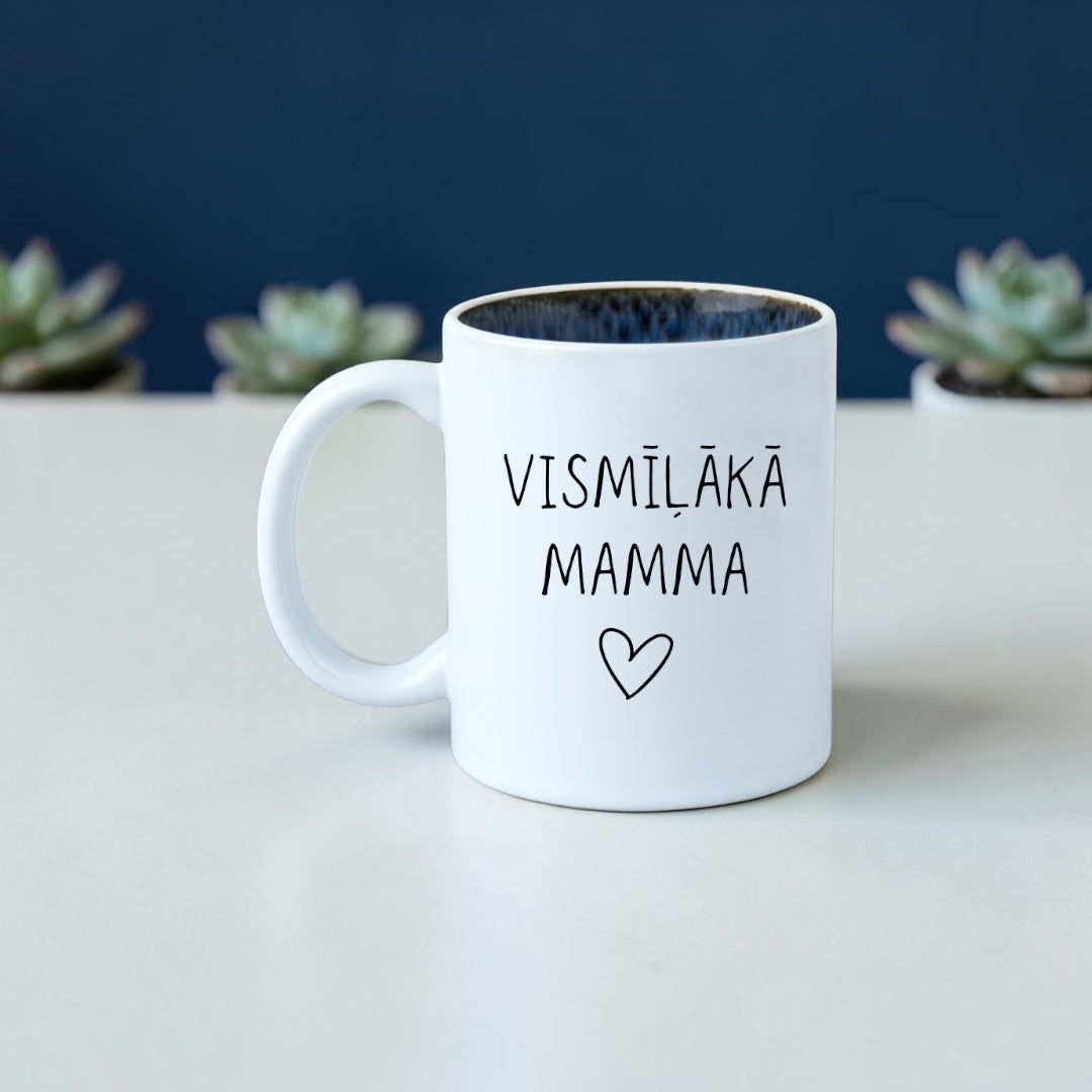 Tavs teksts · personalizēta krūze ar zilas glazūras iekšpusi