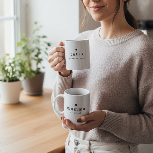 Personalizētas krūzes mamma vismīļākā un tētis supervaronis ar sirsniņu