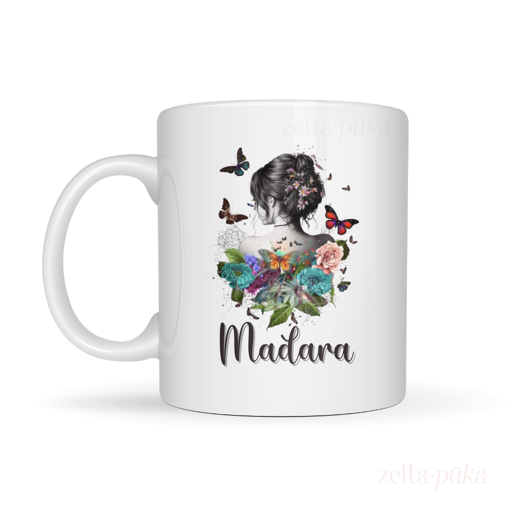 Pati ziedos - krūze ar košu ilustrāciju un Tavu vārdu - Zelta Pūka