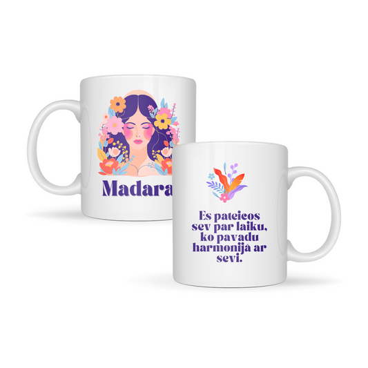 Sievišķība - personalizēta krūze ar tavu vārdu un afirmāciju - Zelta Pūka