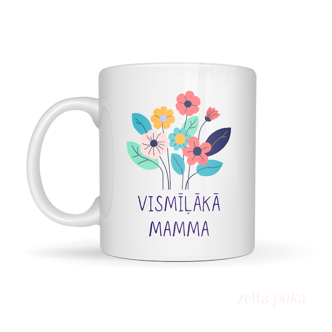 Puķītes - personalizēta krūze ar ziedu ilustrāciju - Zelta Pūka
