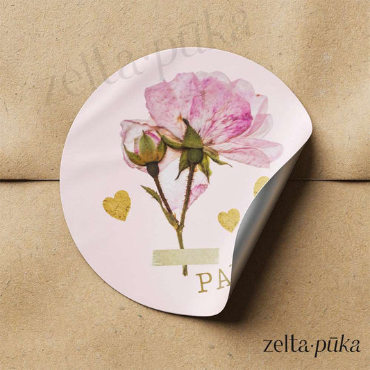 "Paldies" uzlīmes ar kaltēta zieda ilustrāciju - Zelta Pūka
