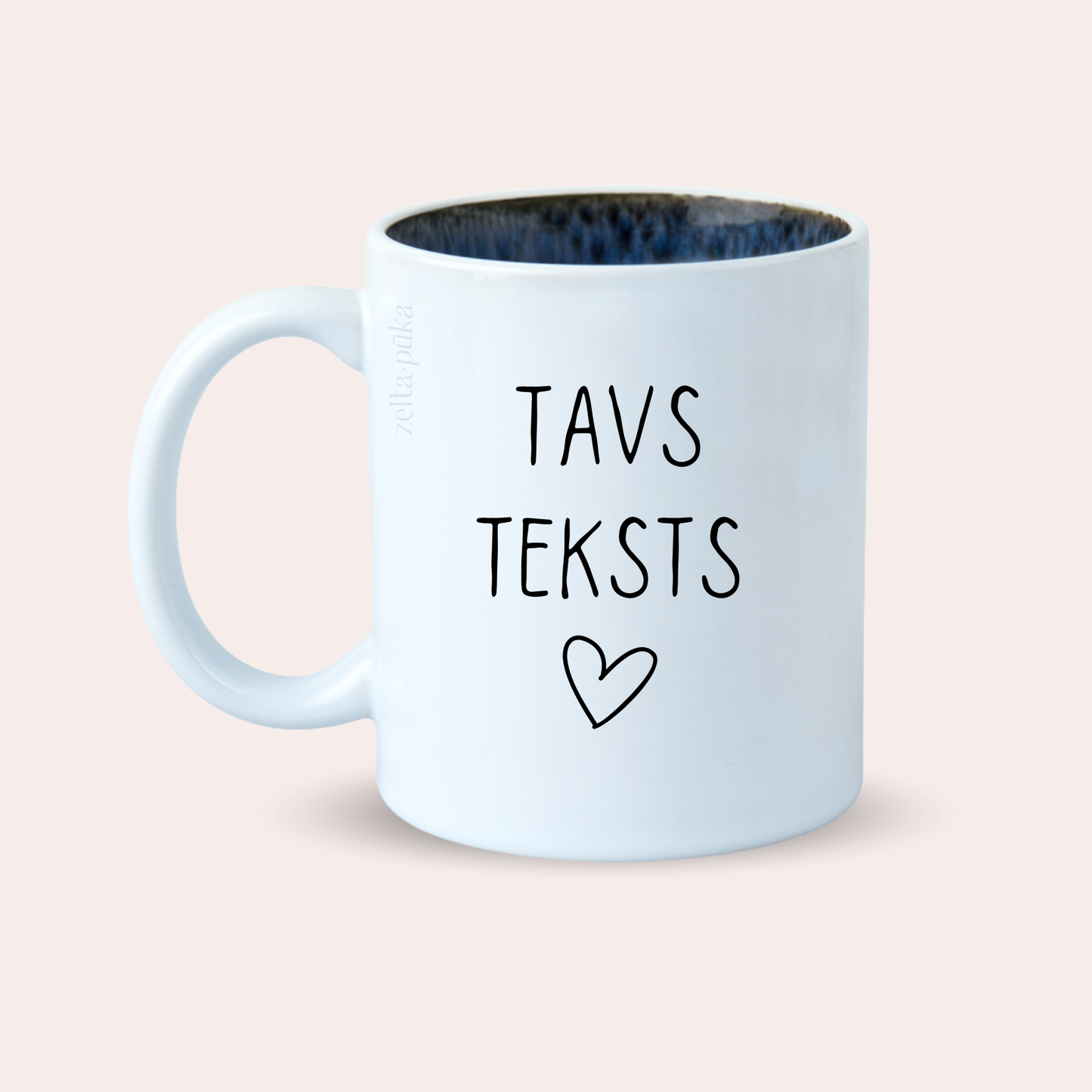 Tavs teksts · personalizēta krūze ar zilas glazūras iekšpusi