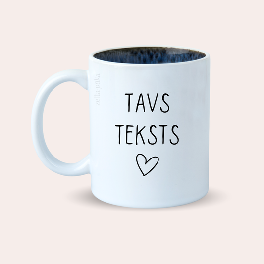 Tavs teksts · personalizēta krūze ar zilas glazūras iekšpusi