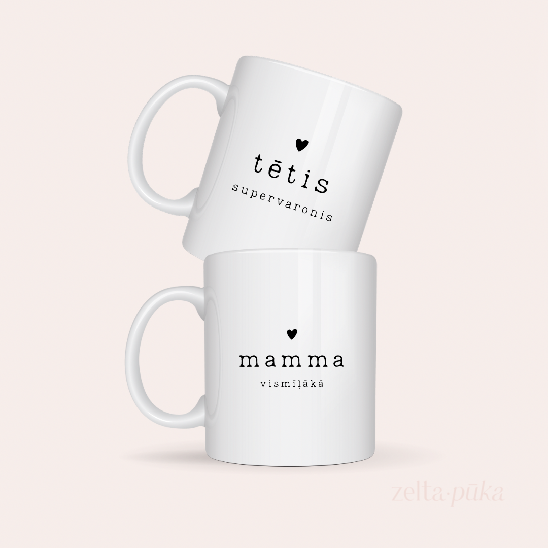 Personalizētas krūzes mamma vismīļākā un tētis supervaronis ar sirsniņu