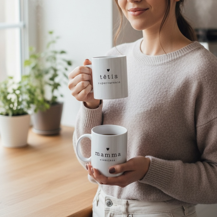 Personalizētas krūzes mamma vismīļākā un tētis supervaronis ar sirsniņu