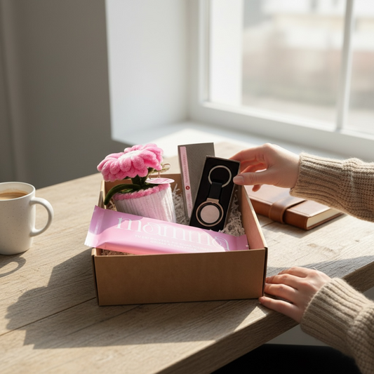rozā dāvanu komplekts mammai ar personalizētu šokolādi ziedu un piekariņu kastītē