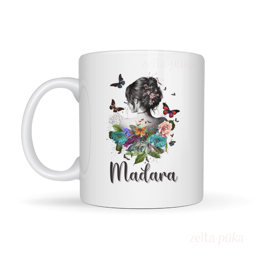 Pati ziedos - krūze ar košu ilustrāciju un Tavu vārdu - Zelta Pūka