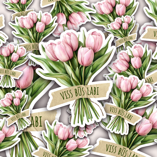 VISS BŪS LABI · uzlīmes ar ziedu ilustrāciju