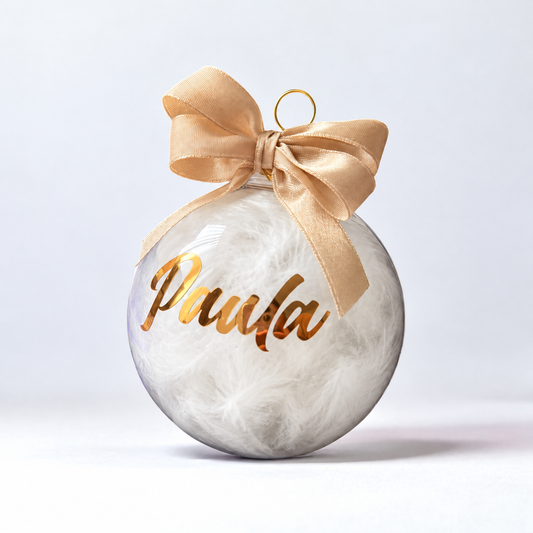 Personalizēta Ziemassvētku eglītes bumba ar vārdu | 8 cm - Zelta Pūka