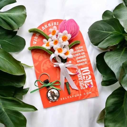 Pūkainie ziedi personalizētā kartītē - tulpe + margrietiņas - Zelta Pūka