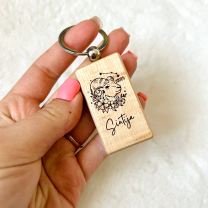 Wooden keychain with personalized engraving.