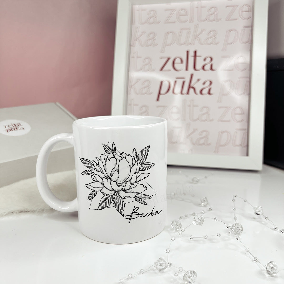 Personalized white ceramic mug "Peony"