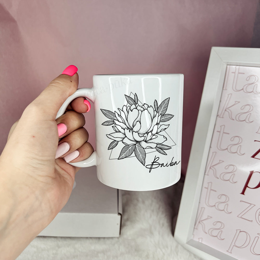 Personalized white ceramic mug "Peony"