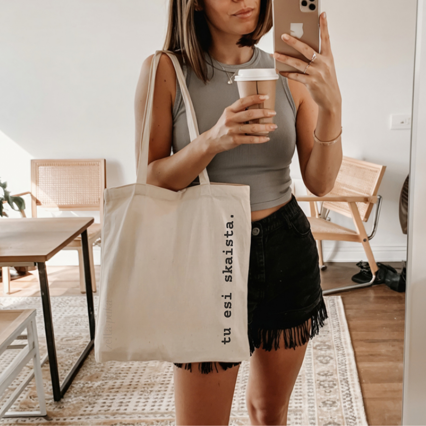 Personalizēta auduma tote soma ar tekstu · bēša