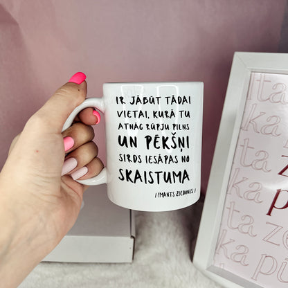 Mug of Imantas Ziedonis quotes and mandala drawings