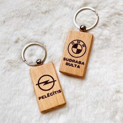 Wooden keychain with personalized engraving.